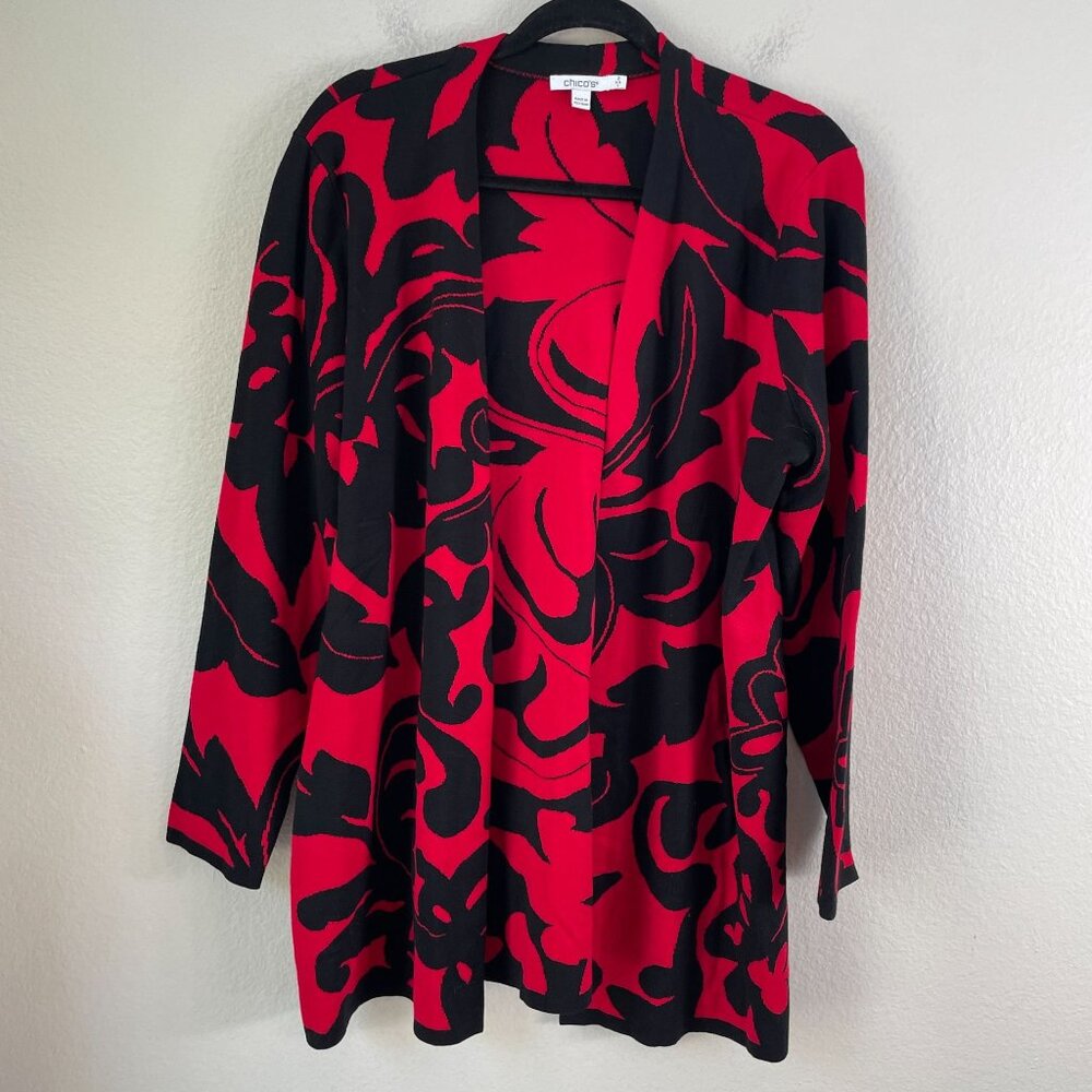 Chicos‎ Womens Large Black Red Open Front Cardigan Jacket Floral - Picture 7 of 10